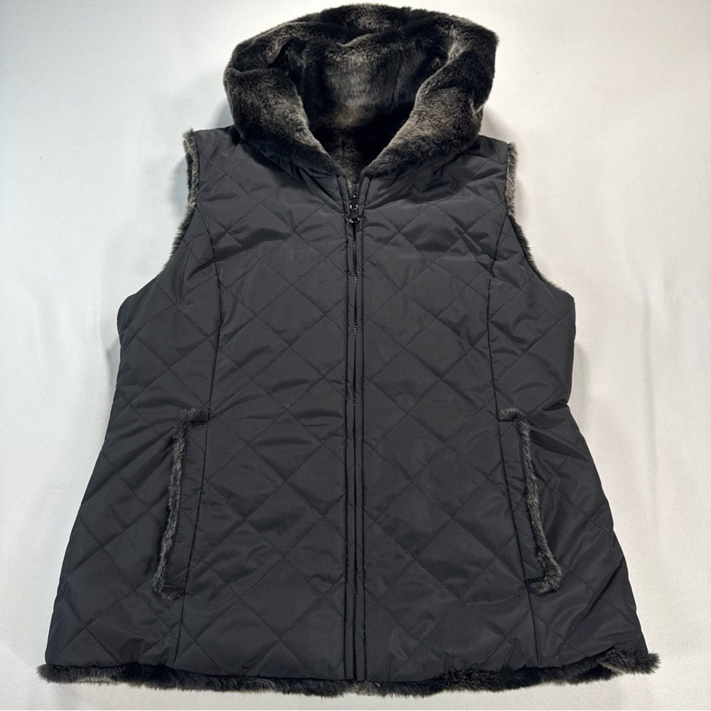 Kristen Blake Reversible Faux Fur Vest Women’s Medium Jacket Hooded Pockets EUC